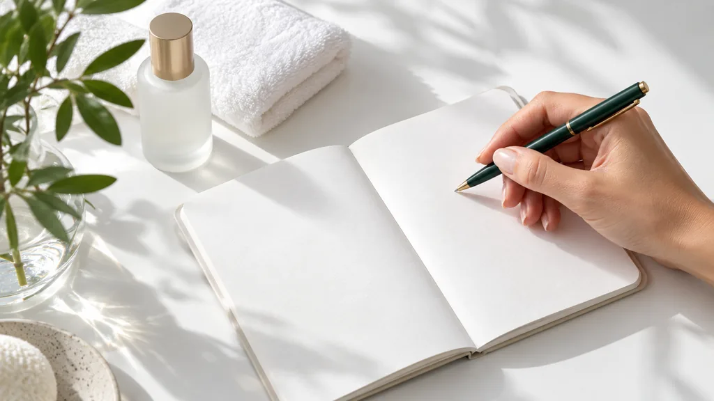 Caderno aberto e mão com caneta verde, junto de um frasco de cosmética e uma toalha branca.
