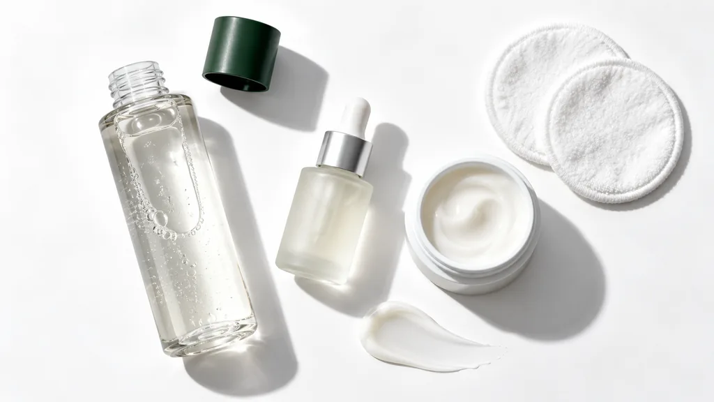 Frascos de cosmética, boião de creme e discos de limpeza organizados sobre fundo branco.