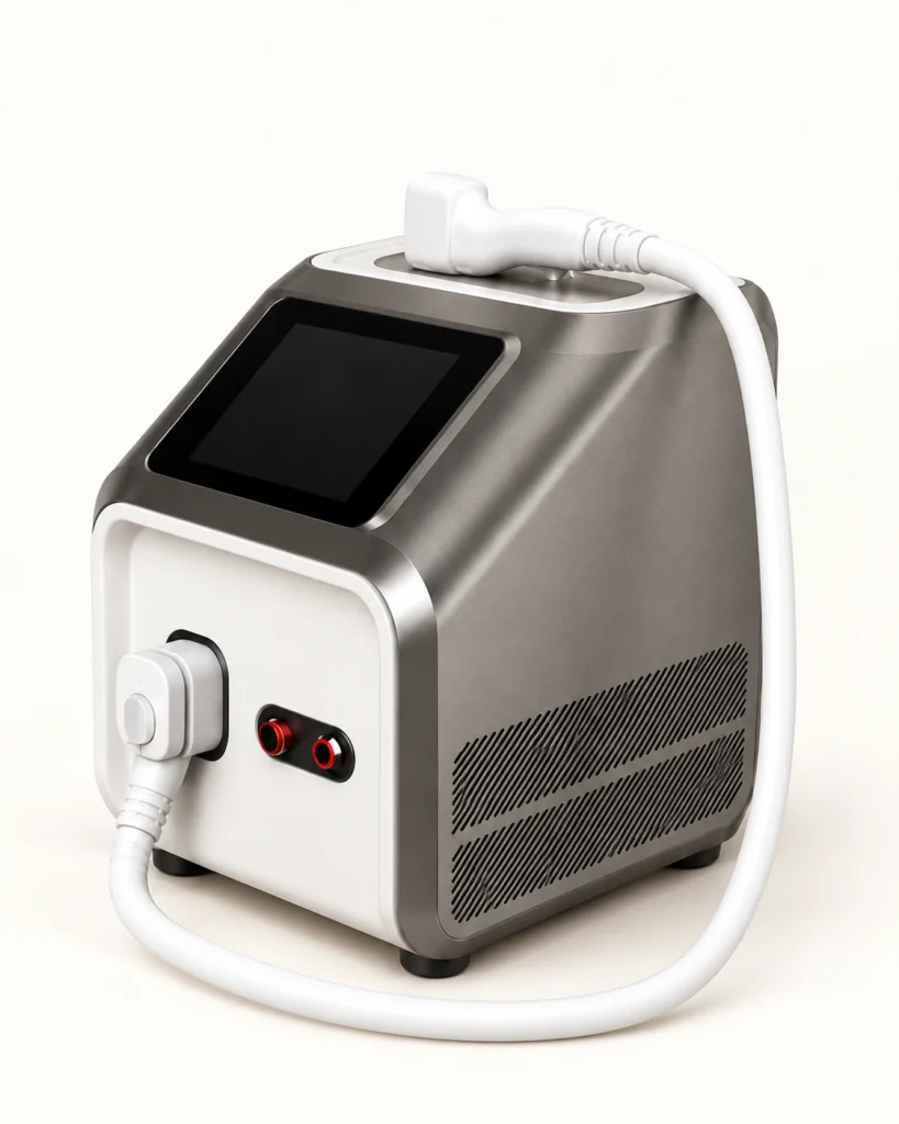 Equipamento laser de bancada cinzento e branco, com manípulo branco e ecrã apagado.