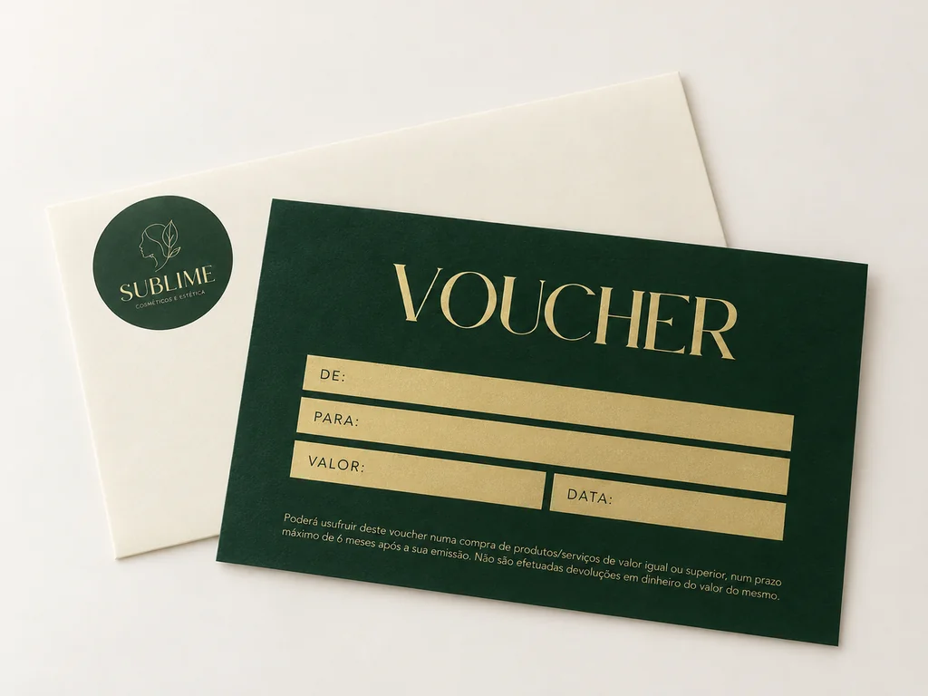Voucher Sublime verde e dourado junto de um envelope.