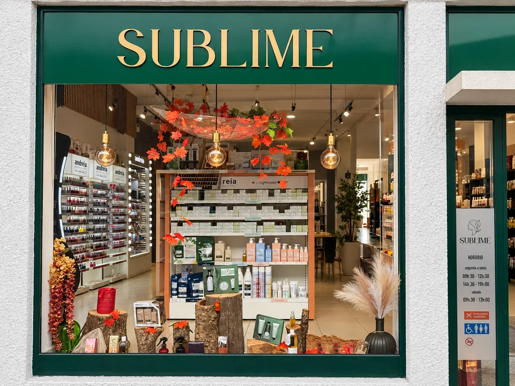 Montra da Sublime com decoração de outono e produtos de cosmética.